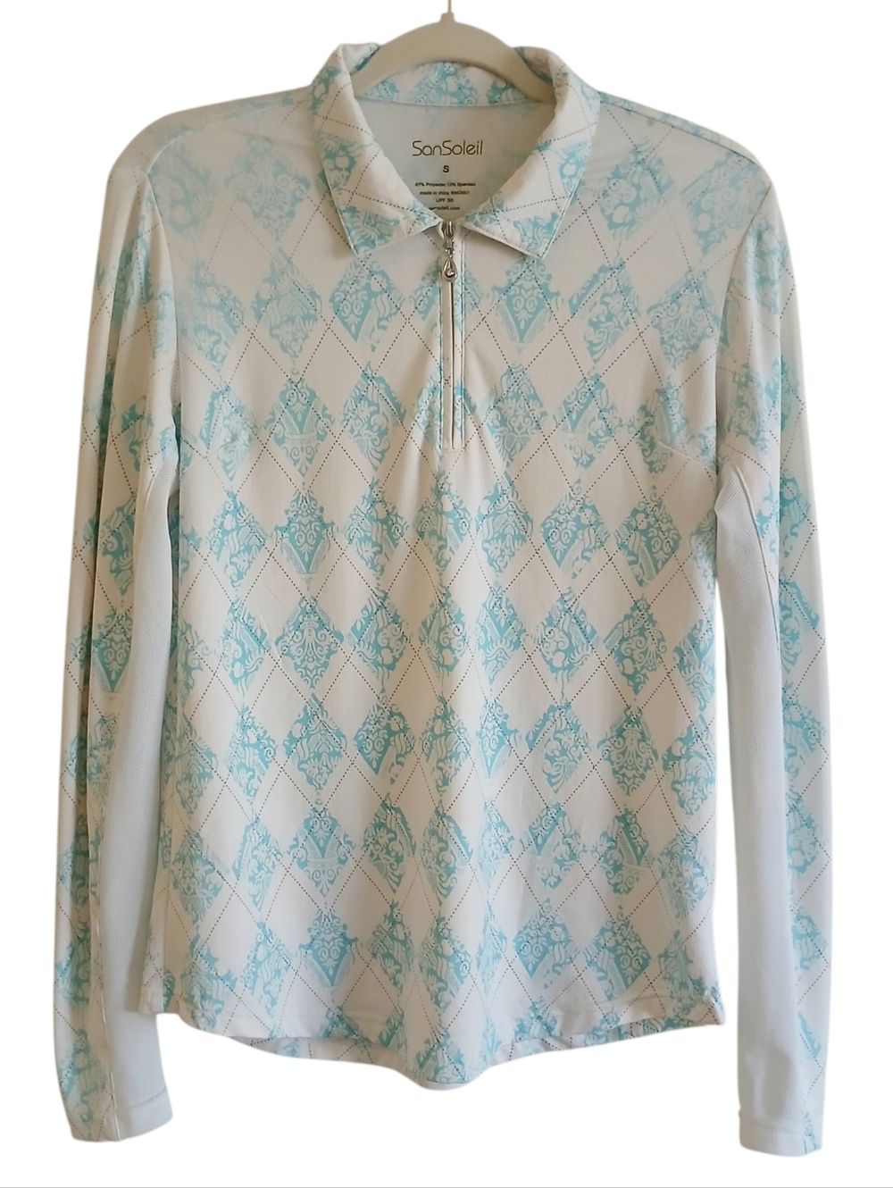 San Soleil Argyle Quarter Zip Golf Pullover Women's S UPF 50 Mesh Sleeve Preppy